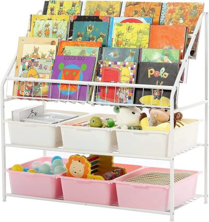 Large Kids Bookshelf with 6 Storage Box,5 Tier Metal Kids Bookcases Children's Toy Storage Rack, 6 Storage Drawer for Books Toys Storage, Book Unit Storage Shelf for Playroom, Bedroom, Study Room.