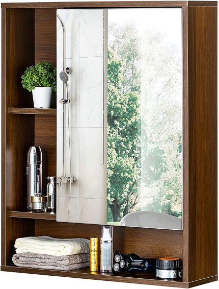 ChooChoo Bathroom Wall Mirror Cabinet, Medicine Cabinet with Single Door and Adjustable Shelf, Over The Toilet Space Saver Storage Cabinet, Walnut