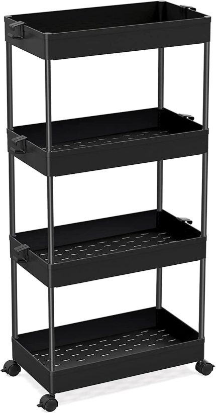 SPACEKEEPER Storage Cart 4 Tier Mobile Shelving Unit Organizer Rolling Utility Cart for Kitchen Bathroom Laundry, Black