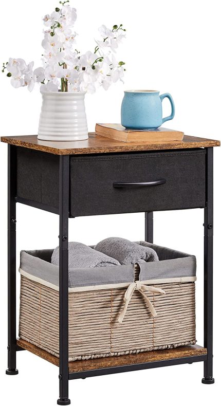 Somdot Nightstand, Bedside Table End Table for Bedroom Nursery Living Room - Removable Fabric Drawer, Open Storage Shelf, Sturdy Steel Frame, Durable Wood Top - Black/Rustic Brown
