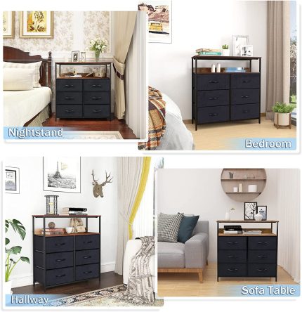 LYNCOHOME Dresser for Bedroom 6 Drawer Dresser with Shelves Fabric Dresser for Closet, Living Room TV Stand Office Sturdy Steel Frame Wooden Top(Rustic Brown)