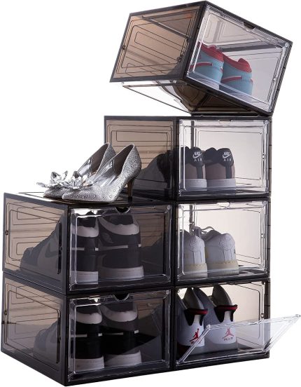 Attelite Drop Front Shoe Box,Set of 6,Stackable Plastic Shoe Box with Clear Door,As Shoe Storage Box and Clear Shoe Box,For Display Sneakers,Easy Assembly,Fit up to US Size 12(13.4”x 10.6”x 7.4”)Black