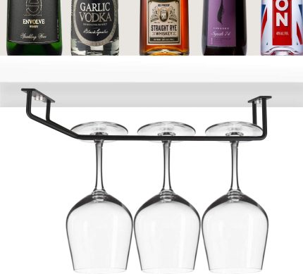 10.8 Inch Long Single Rail Wine Glass Rack Under Cabinet Cupboard, Yimerlen Metal Stemware Holder Wine Glass Holder Wine Glass Hanger for RV Mini Bar Kitchen Storage (Black- 2 Pack)