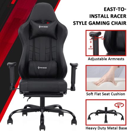 VON RACER Gaming Chair Massage with Footrest Gamer Chair Ergonomic Gaming Chair for Adults Video Game Chair with Headrest and Massage Lumbar Support Gaming Chair Adjustable Swivel (Black)