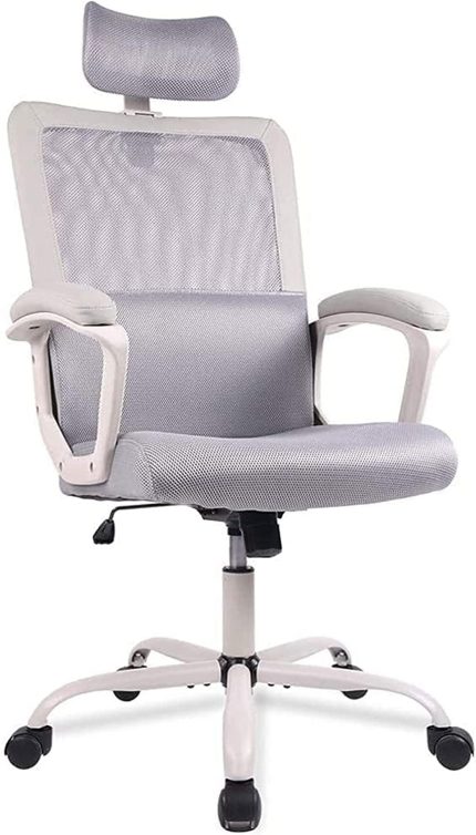 Smugdesk Ergonomic Mesh High Back Chair with Lumbar Support, Adjustable Headrest, Armrests, and Wheels, for Office Desk, Gaming Setup, and More, Gray