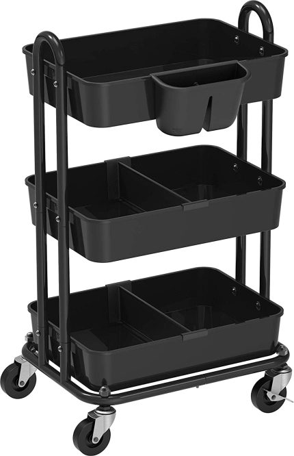 Simple Houseware 3-Tier Kitchen Cart Multifunctional Rolling Utility Cart with 2 dividers and Hanging Bucket, Black