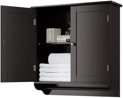 SOMY Bathroom Wall Cabinet, Over The Toilet Space Saver Storage Cabinet, Medicine Cabinet with 2 Doors Cupboard with Adjustable Shelf and Towels Bar, Dark Brown