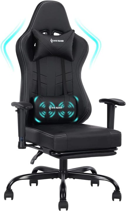 VON RACER Gaming Chair Massage with Footrest Gamer Chair Ergonomic Gaming Chair for Adults Video Game Chair with Headrest and Massage Lumbar Support Gaming Chair Adjustable Swivel (Black)