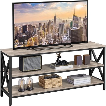 TV Stand for 65 Inch TV with Storage for Living Room, Industrial Entertainment Center TV Console Table with 3 Shelves, Sturdy Wooden TV Table with Metal Frame, 55 x 16 x 24'', Gray