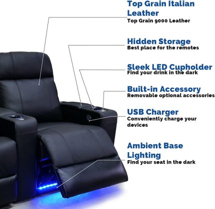 Valencia Piacenza Home Theater Seating | Premium Top Grain Nappa 9000 Leather, Power Recliner, LED Lighting (Row of 2, Black)