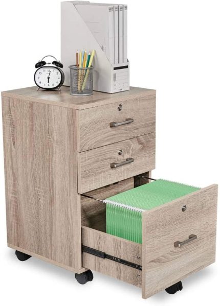 Upgraded 3-Drawer Rolling Wood File Cabinet with Lock, Mobile Filing Cabinet for Home Office, Under Desk File Cabinet for Hanging Letter Size Documents, Assembly Required, Oak, 26” H