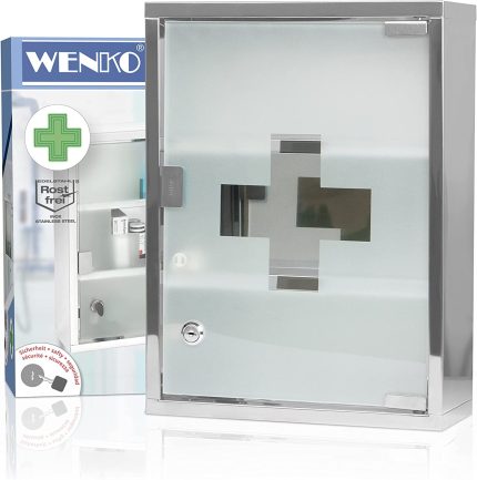 Wenko Locking Medicine Mounted Bathroom Storage, Hanging Medical, First Aid Wall Cabinet with Safety Glass Door, Modern, Small, Medium, silver shiny