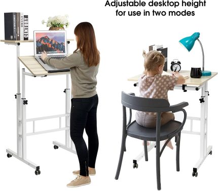 SIDUCAL Mobile Stand Up Desk, Adjustable Laptop Desk with Wheels Home Office Workstation, Rolling Table Laptop Cart for Standing or Sitting, Beige