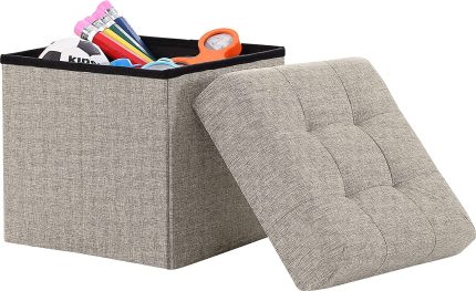 Foldable Tufted Linen Storage Ottoman Square Cube Foot Rest Stool/Seat - 15" x 15" x 15" (Beige)