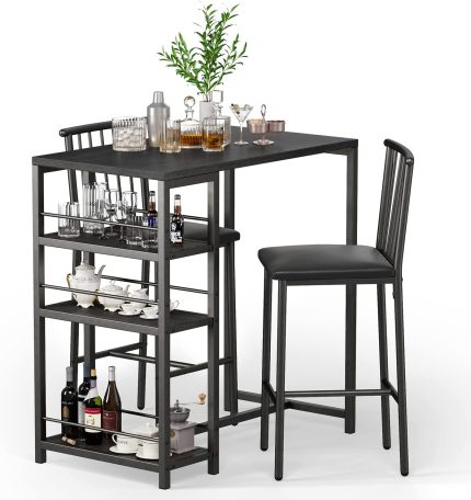 Gizoon Bar Table and Chairs Set for 2 with 3 Storage Shelves, Kitchen Counter Height Dining Table Set with Pu Cushion Chairs & Thick Wood Top for Breakfast, 3-Piece Modern Pub Table Set - Black