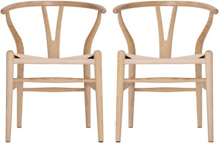 VODUR Wishbone Chair Natural Solid Wood Dining Chairs/Hans Vegner Y Chair Rattan and Wood Accent Armrest Chair (Ash Wood + Natural Wood Color)