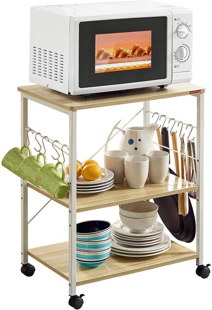 Kitchen Microwave Cart, 3-Tier Rolling Kitchen Utility Cart on Wheels Coffee Cart with Storage Bakers Rack with 10 Hooks, Light Beige