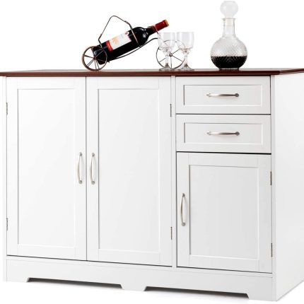 Buffet Sideboard Storage Credenza Cabinet Console Table Kitchen Dining Room Furniture Organizer, Entryway Cupboard with 2-Door Cabinet and 2 Drawers (White & Vermilion)