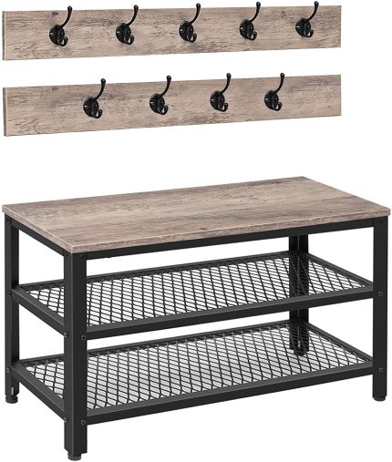 Coat Rack Shoe Bench, Hall Tree Entryway Storage Bench, Shoe Rack Organizer with Coat Hooks, 3-in-1 Design, Wood Furniture with Metal Frame, Greige and Black BG17MT01