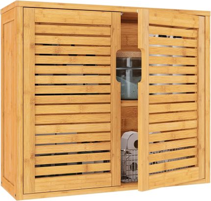 VIAGDO Wall Cabinet Bathroom Storage Cabinet Wall Mounted with Adjustable Shelves Inside, Double Door Medicine Cabinet, Utility Cabinet Organizer Over Toilet, Bamboo, 23.2''Lx8.1''Wx20.4''H