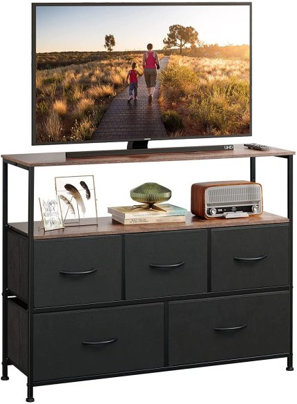 Dresser TV Stand, Entertainment Center with Fabric Drawers, Media Console Table with Open Shelves for TV up to 45 inch, Storage Drawer Unit for Bedroom, Living Room, Black and Rustic Brown