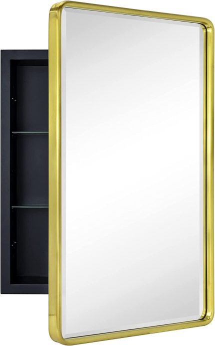 TEHOME Farmhouse Brushed Gold Metal Framed Recessed Bathroom Medicine Cabinet with Mirror Rounded Rectangle Tilting Beveled Vanity Mirros for Wall 16x24''