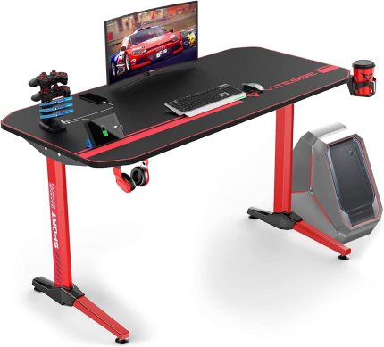 VITESSE Ergonomic Gaming Desk, T Shaped Office PC Computer Desk with Full Desk Mouse Pad, Gamer Tables with Chargeable Gaming Handle Rack, Cup Holder Headphone Hook
