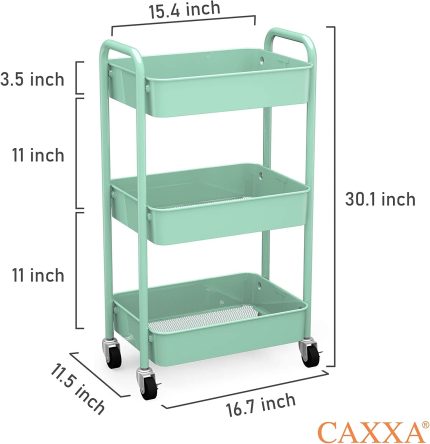 CAXXA 3-Tier Rolling Metal Storage Organizer - Mobile Utility Cart, Kitchen Cart with Caster Wheels (Aqua Green)