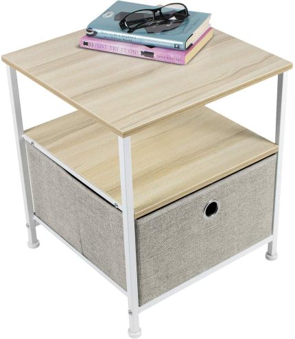 Nightstand 1-Drawer Shelf Storage- Bedside Furniture & Accent End Table Chest for Home, Bedroom, Office, College Dorm, Steel Frame, Wood Top, Easy Pull Fabric Bins (Beige)