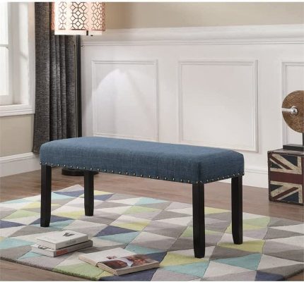 Furniture Biony Fabric Dining Bench with Nailhead Trim, Blue