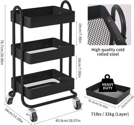 MIOCASA 3-Tier Metal Utility Rolling Cart, Heavy Duty Multifunction Cart with Lockable Casters, Easy to Assemble, Suitable for Office, Bathroom, Kitchen, Garden (Black)