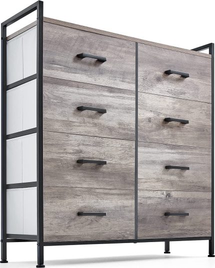 8 Drawer Dresser Wide Chest of Drawers LINSY HOME Nightstand with Wood Top Rustic Storage Tower Storage Dresser Closet for Living Room, Bedroom, Hallway, Nursery, Kid