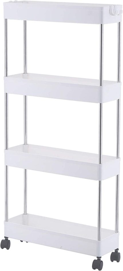 4 Tier Slim Storage Cart, Mobile Narrow Rolling Cart with Wheels, Conveniently Slide Out Organizer Shelf Cart for Kitchen Bathroom Pantry Laundry Narrow Space - Plastic (White)…