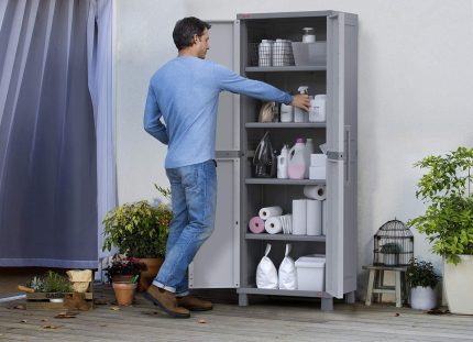 Keter Storage Cabinet with Doors and Shelves for Tool and Home Organization, Large, White & Grey