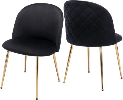 ZHENGHAO Velvet Accent Dining Chairs Set of 2, Upholstered Modern Tufted Chairs Wingback Armless Side Chair with Gold Legs for Living Room Dining Room Bedroom Kitchen Vanity (Black)