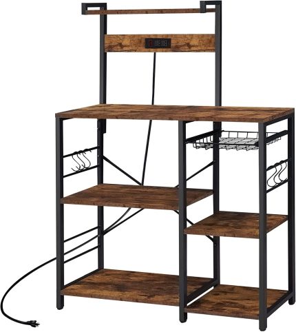 SUPERJARE Bakers Rack with Power Outlet, Microwave Stand, Coffee Bar with Wire Basket, Kitchen Storage Rack with 6 S-Hooks, Kitchen Shelves for Spices, Pots and Pans - Rustic Brown