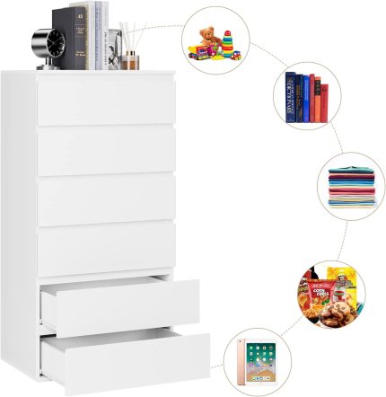 6 Drawer Chest, Modern Floor Storage Cabinet with Metal Sliding Rail, Wooden Handleless Drawer Cabinet, 6-Layer Large Capacity Vertical Dressers for Home&Office