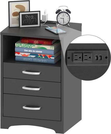 3 Drawer Black Nightstand with Charging Station Side Table with Open Storage Bedside End Table Night Stand Storage Cabinet for Bedroom, Black