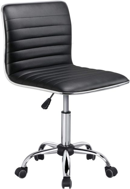 Adjustable Task Chair PU Leather Low Back Ribbed Armless Swivel Black Desk Chair Office Chair Wheels
