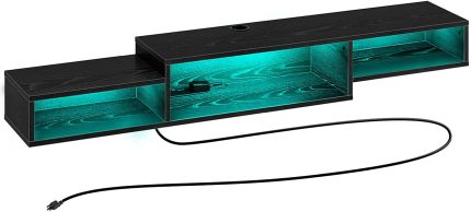 Floating TV Stand with Power Outlet & LED Light, 59" Wall Mounted Entertainment Center with Storage, Media Console Shelf for Living Room, Bedroom, Under TV Shelf, Black
