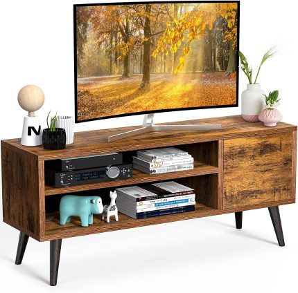 Retro TV Stand with Storage for TVs up to 55 in, Rustic Brown TV Stand for Media, Mid Century Modern TV Stand & Entertainment Center with Shlef，Wood TV Console Table for Living Room Bedroom, APRTS01