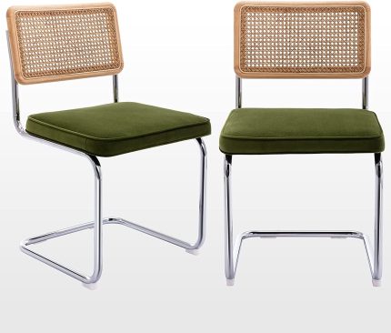 Zesthouse Dining Chairs 2pcs, Velvet Side Chairs Rattan Chairs with Cane Back & Stainless Chrome Base, Modern Mid Century Breuer Designed Chairs, Upholstered Dining Living Room Kitchen Chairs, Green
