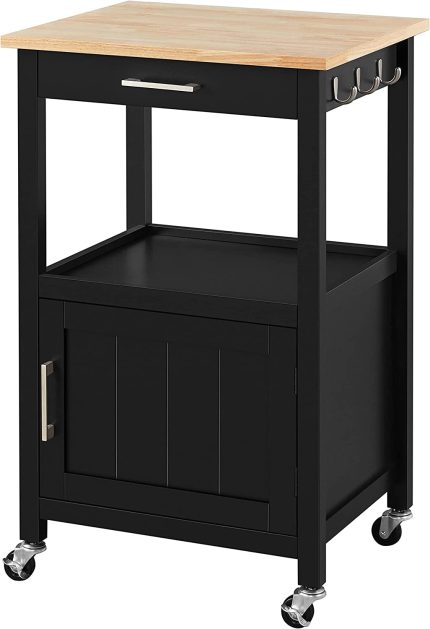 Small Kitchen Island on Wheels with Wood Top and Drawer, Trolley Cart with Open Shelf and Storage Cabinet for Dining Room, L22xW18xH35 Inches, Black