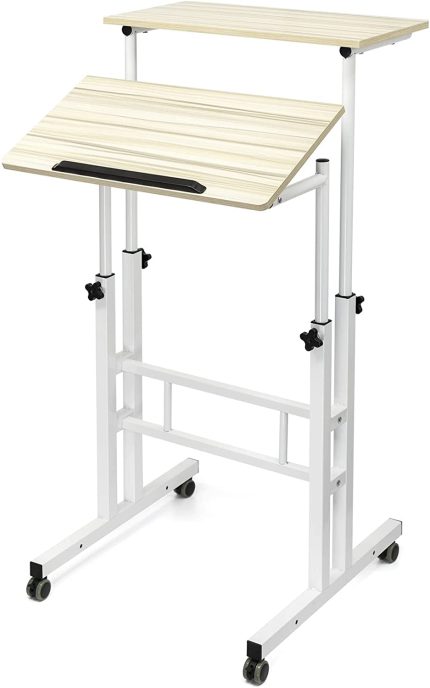 SIDUCAL Mobile Stand Up Desk, Adjustable Laptop Desk with Wheels Home Office Workstation, Rolling Table Laptop Cart for Standing or Sitting, Beige