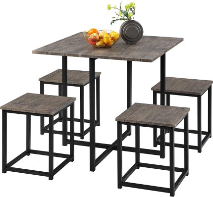 5-Piece Dining Table Set - Industrial Kitchen Table & Chairs Sets for 4 - Compact Table with 4 Stools & Space-Saving Design for Apartment, Small Space, Breakfast Nook, Drift Brown
