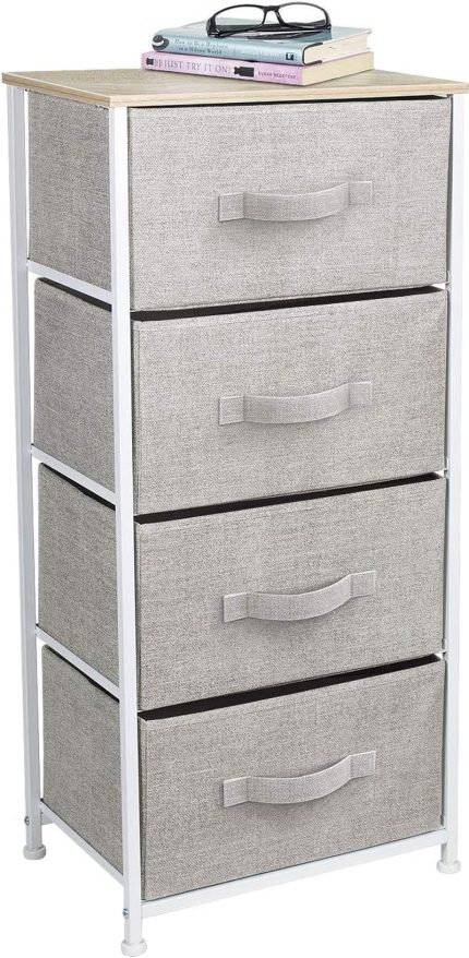 Dresser with 4 Drawers - Tall Storage Tower Unit Organizer for Bedroom, Hallway, Closet, College Dorm - Chest Drawer for Clothes, Steel Frame, Wood Top, Easy Pull Fabric Bins (Beige)