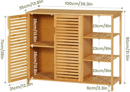 VIAGDO Bamboo Storage Cabinet with 3 Side Shelves, Kitchen Cabinet, Buffet Cabinet, Sideboard, Freestanding Console Table with Cupboard, Multifunctional, for Dining Room Living Room Entry Bedroom