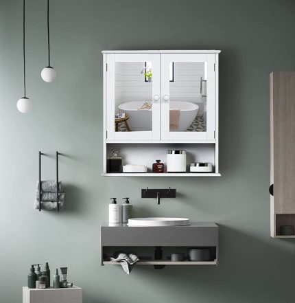 Wall Cabinet, Bathroom Medicine Cabinet with Double Mirror Doors, Wood Hanging Wall Mounted Cabinet with Adjustable Shelf, Storage Cabinet for Laundry Room, Kitchen, White Finish