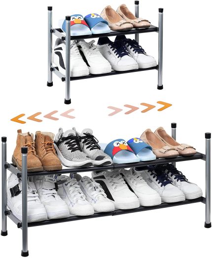 2-Tier Expandable Shoe Rack, Stackable and Adjustable Shoes Organizer Storage Shelf, Sturdy and Durable Metal Structure Free Standing Shoe Rack for Closet Entryway Doorway