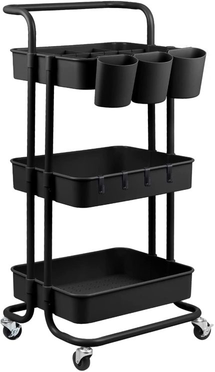 alvorog 3-Tier Rolling Utility Cart Storage Shelves Multifunction Storage Trolley Service Cart with Mesh Basket Handles and Wheels Easy Assembly for Bathroom, Kitchen, Office (Black)